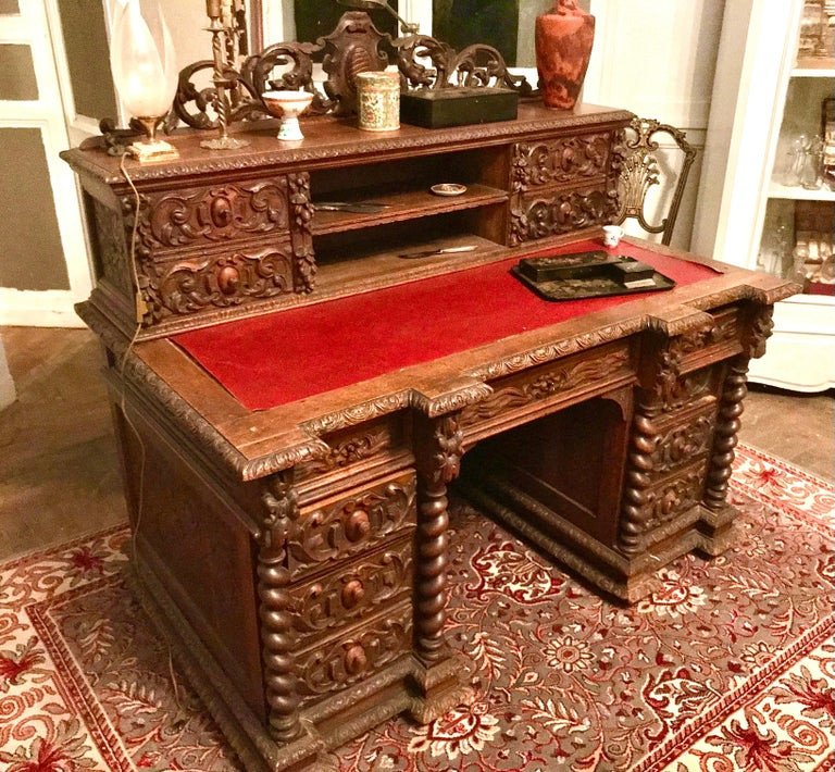 Neo-renaissance Desk In Hand Carved Wood Henri II Style Circa 1870-photo-4