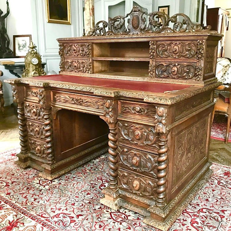 Neo-renaissance Desk In Hand Carved Wood Henri II Style Circa 1870-photo-2