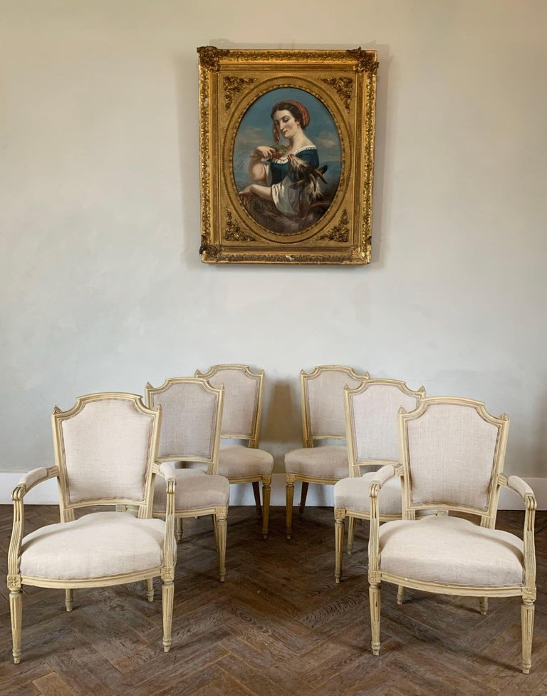 Ensemble De 4 Chaises Et 2 Fauteuils Tapisserie En Lin - Style Louis XV - 19ème France-photo-2