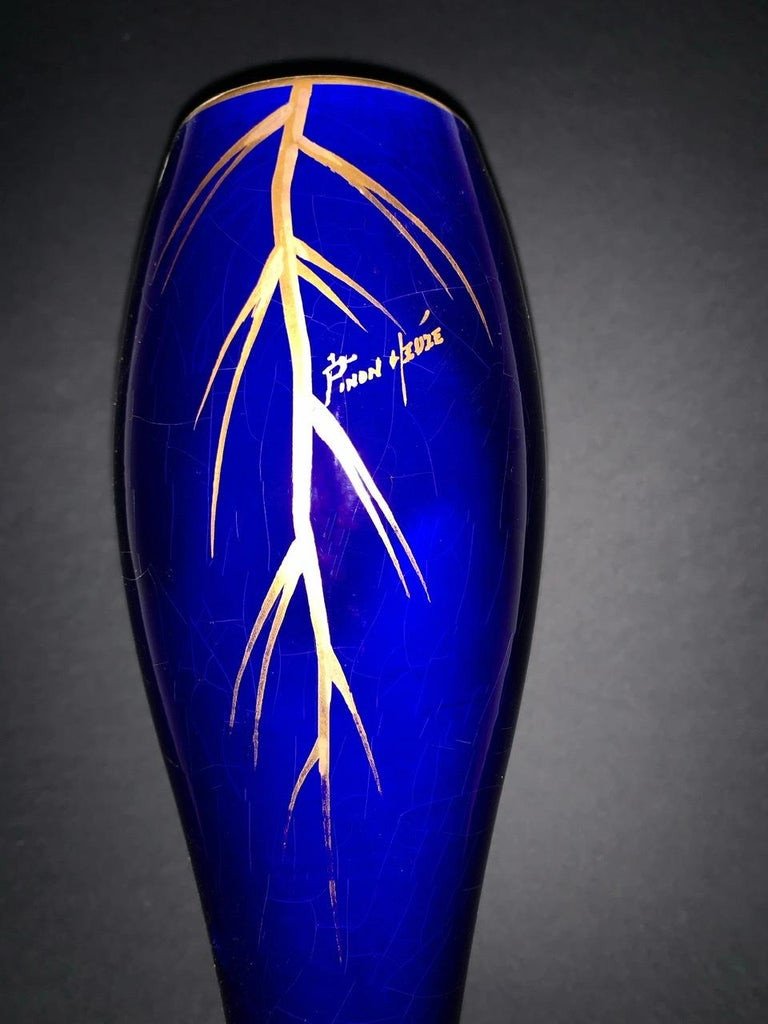 Maurice Pinon Heuze - Pair Of Blue And Gold Porcelain Vases Signed - Art Deco 1920 - France-photo-4