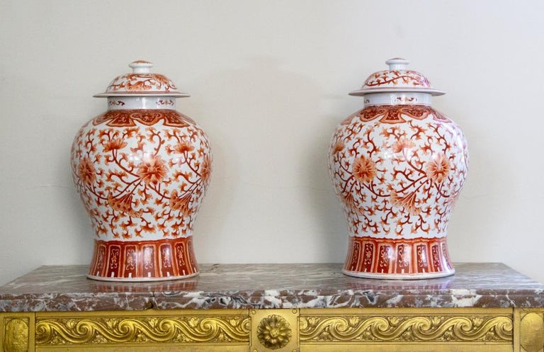 Paire De Grands Vases Couverts Chinois En Porcelaine Blanche Et Rouge - 19ème Siècle - Chine-photo-3