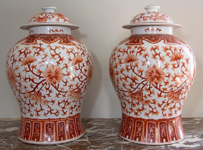 Paire De Grands Vases Couverts Chinois En Porcelaine Blanche Et Rouge - 19ème Siècle - Chine-photo-3
