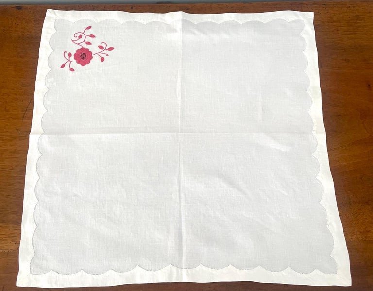 Set Of 14 White Linen Napkins Embroidered With Pink / Red Flowers 1900 Art Nouveau-photo-3