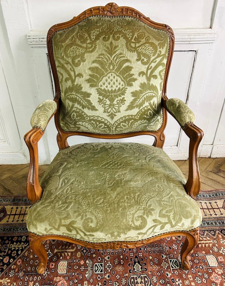 Pair Of Queen Cabriolet Armchairs - Louis XV Style - Green Velvet Tapestry - 19th-photo-1