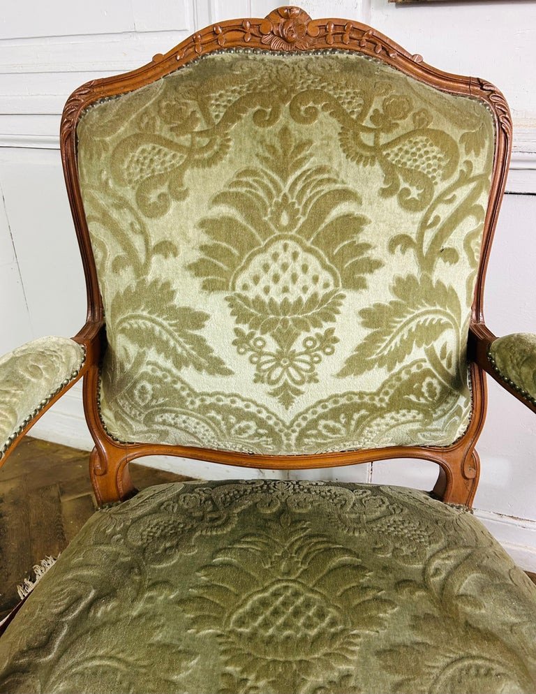 Pair Of Queen Cabriolet Armchairs - Louis XV Style - Green Velvet Tapestry - 19th-photo-2