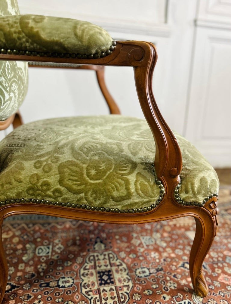 Pair Of Queen Cabriolet Armchairs - Louis XV Style - Green Velvet Tapestry - 19th-photo-6