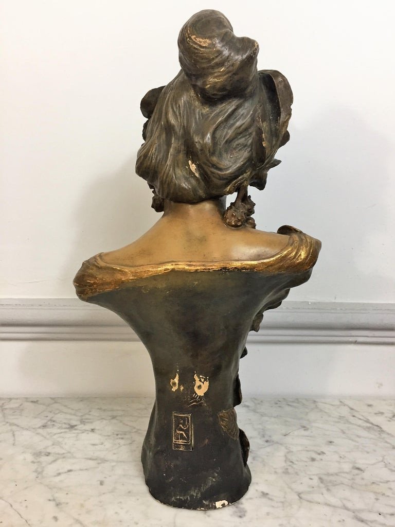 F. Goldscheider - Grand Buste De Femme En Terre Cuite Polychrome - Art Nouveau - Signé-photo-3