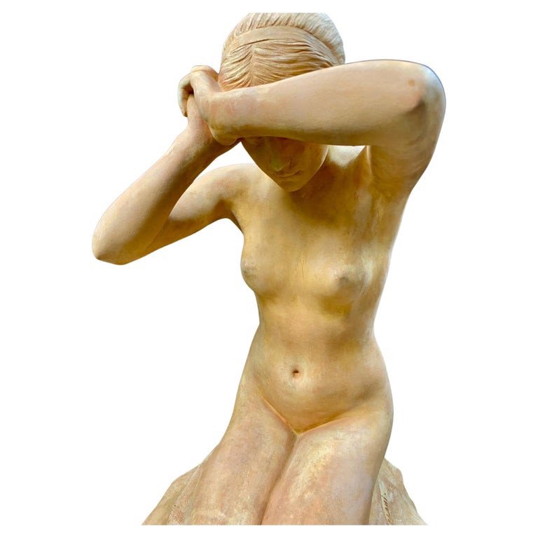 Sculpture En Terre Cuite d'Une Femme Nue "première Faute" - Par Stanislas Lami -  Art Nouveau-photo-2