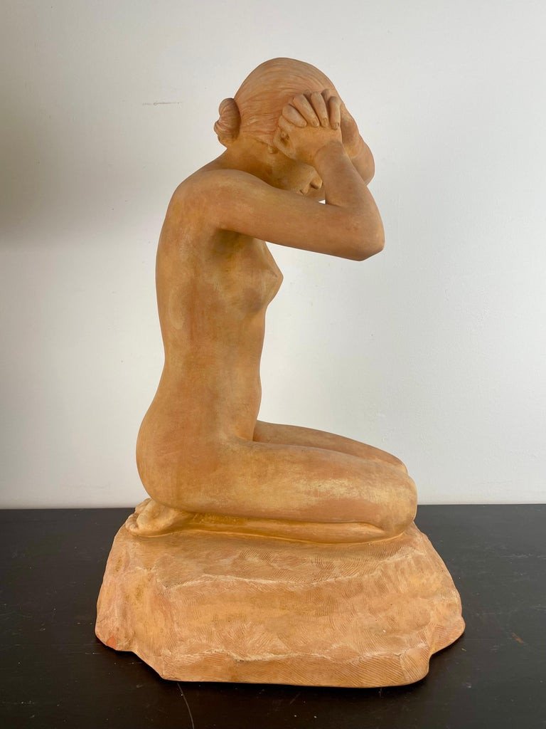 Sculpture En Terre Cuite d'Une Femme Nue "première Faute" - Par Stanislas Lami -  Art Nouveau-photo-2