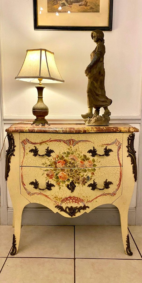 Venetian Painted Wood Commode With Floral And Marble Decor - Late 19th Century - Louis XV Style - Italy-photo-4