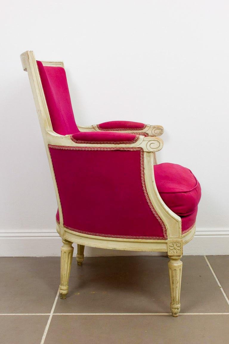 Louis XVI Style "shepherdess" Armchair White Lacquered And Pink Tapestry - 19th Century-photo-2