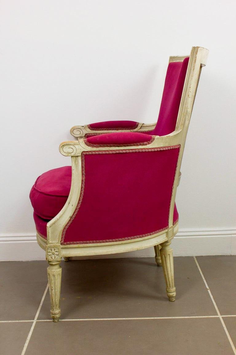 Louis XVI Style "shepherdess" Armchair White Lacquered And Pink Tapestry - 19th Century-photo-3