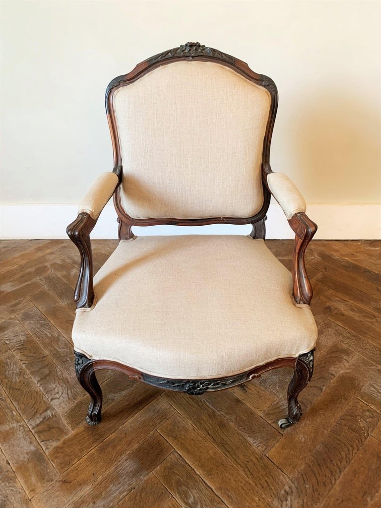 Louis XV Style Queen Armchair - Linen Tapestry - 19th Century-photo-2