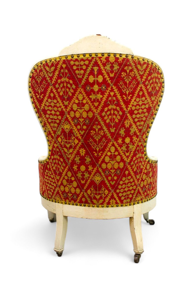 Small Red And Yellow Gold Upholstered Armchair - Louis XV Style - Napoleon III France Period-photo-4