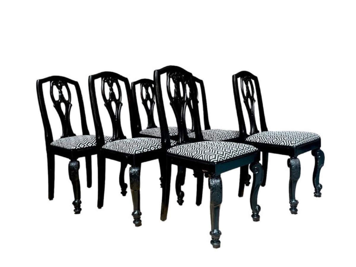 Set Of 6 English Chippendale / Baroque Chairs Lacquered Black Upholstered - England 19th-photo-3