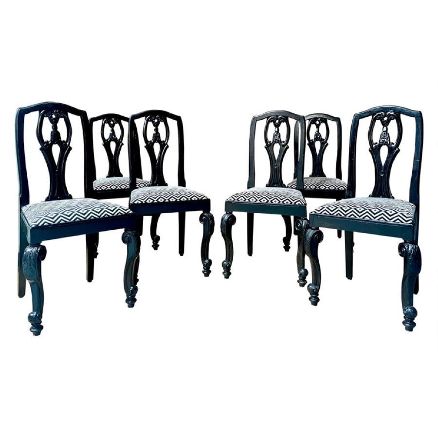 Set Of 6 English Chippendale / Baroque Chairs Lacquered Black Upholstered - England 19th