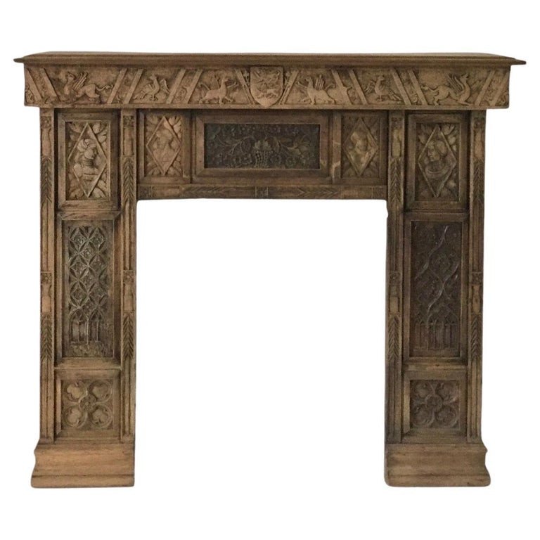 Neo Gothic / Gothic Revival Fireplace In Carved Oak - 19th - 15th Century Panels - France