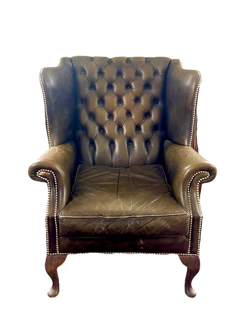 Fauteuil à Oreilles Chesterfield En Cuir Vert Marron – Angleterre-photo-2