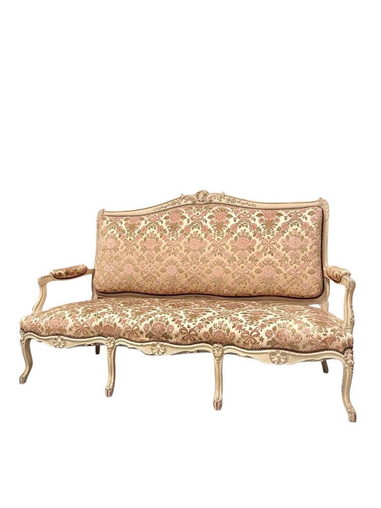 Grand Canapé Banquette Sofa En Bois Sculpté Peint - Style Louis XV  France-photo-4