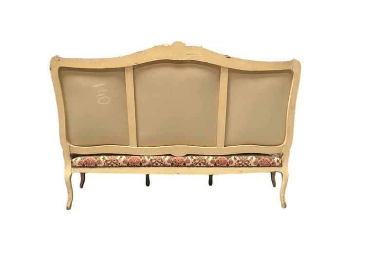 Grand Canapé Banquette Sofa En Bois Sculpté Peint - Style Louis XV  France-photo-4