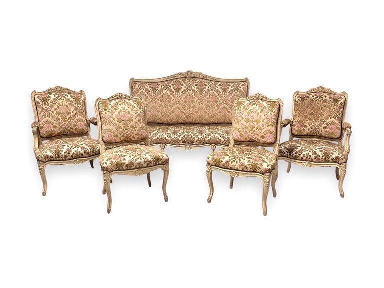 Grand Canapé Banquette Sofa En Bois Sculpté Peint - Style Louis XV  France-photo-6