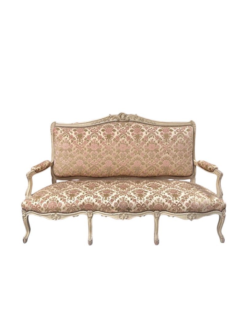 Grand Canapé Banquette Sofa En Bois Sculpté Peint - Style Louis XV  France