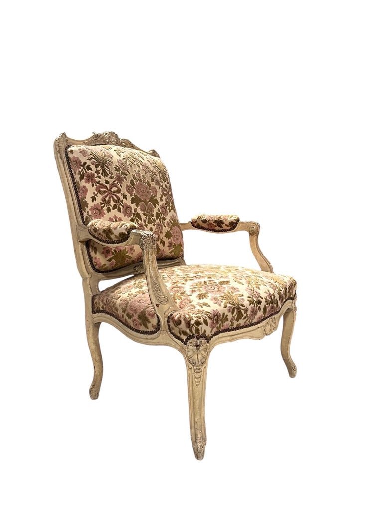 Pair Of Queen's Armchairs In Carved Gilded Painted Wood - Velvet - France Louis XV-photo-2