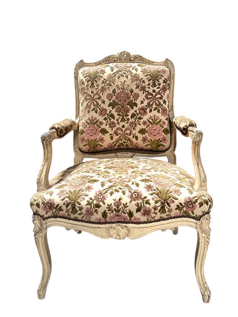 Pair Of Queen's Armchairs In Carved Gilded Painted Wood - Velvet - France Louis XV-photo-3