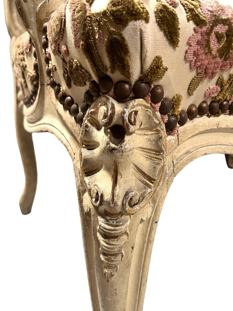 Pair Of Queen's Armchairs In Carved Gilded Painted Wood - Velvet - France Louis XV-photo-1