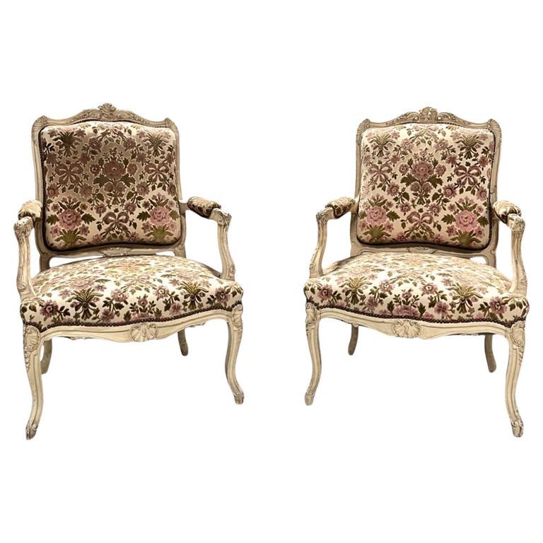 Pair Of Queen's Armchairs In Carved Gilded Painted Wood - Velvet - France Louis XV