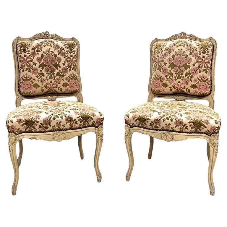 Pair Of Chairs In Carved Painted Wood And Velvet - Louis XV Style - France