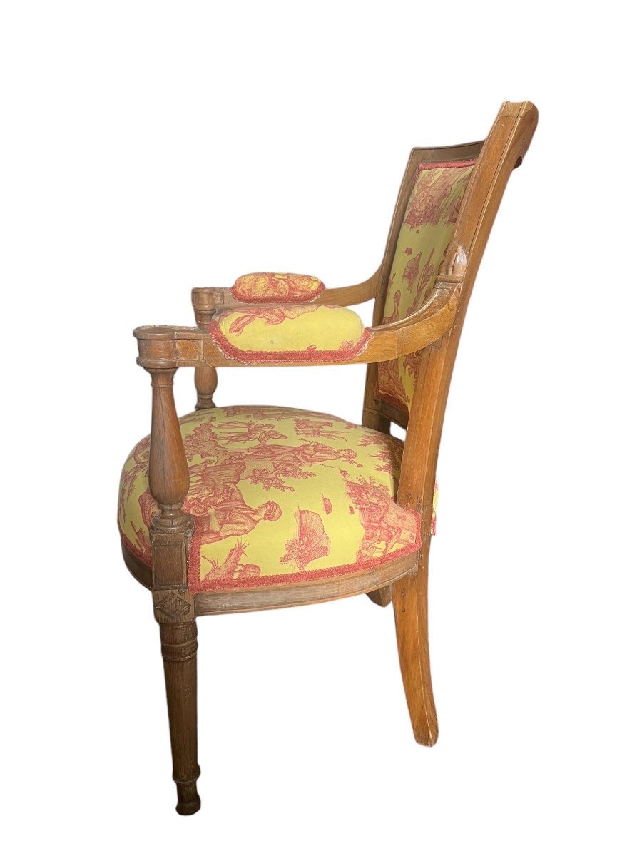 Louis XVI Cabriolet Armchair - Yellow And Pinkish Red Toile De Jouy - France-photo-3