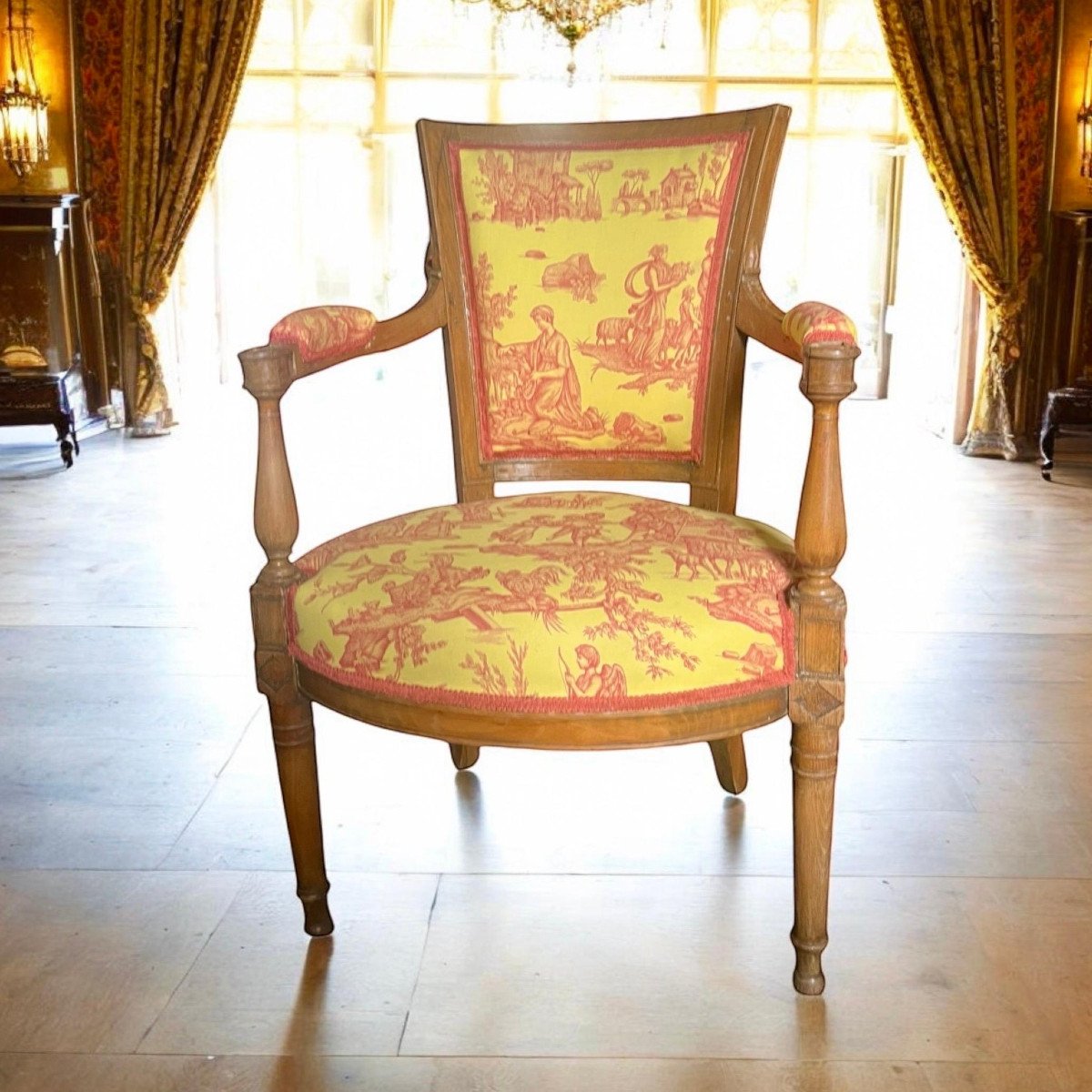 Louis XVI Cabriolet Armchair - Yellow And Pinkish Red Toile De Jouy - France-photo-3