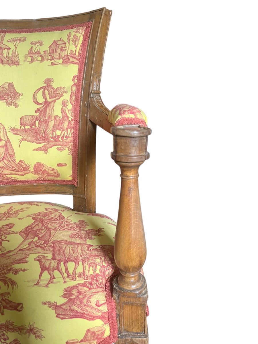 Louis XVI Cabriolet Armchair - Yellow And Pinkish Red Toile De Jouy - France-photo-4