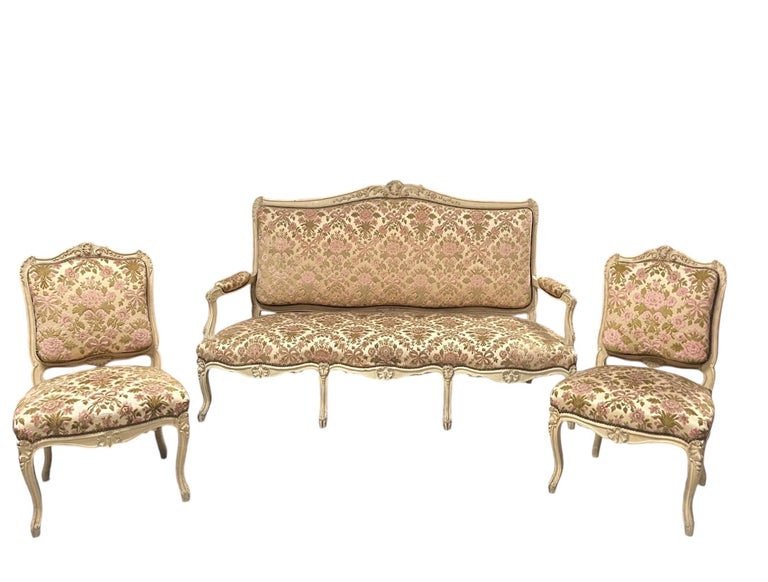 Living Room Set Consisting Of A Sofa, 2 Armchairs And 2 Chairs, Painted Carved Wood - Louis XV Style-photo-3