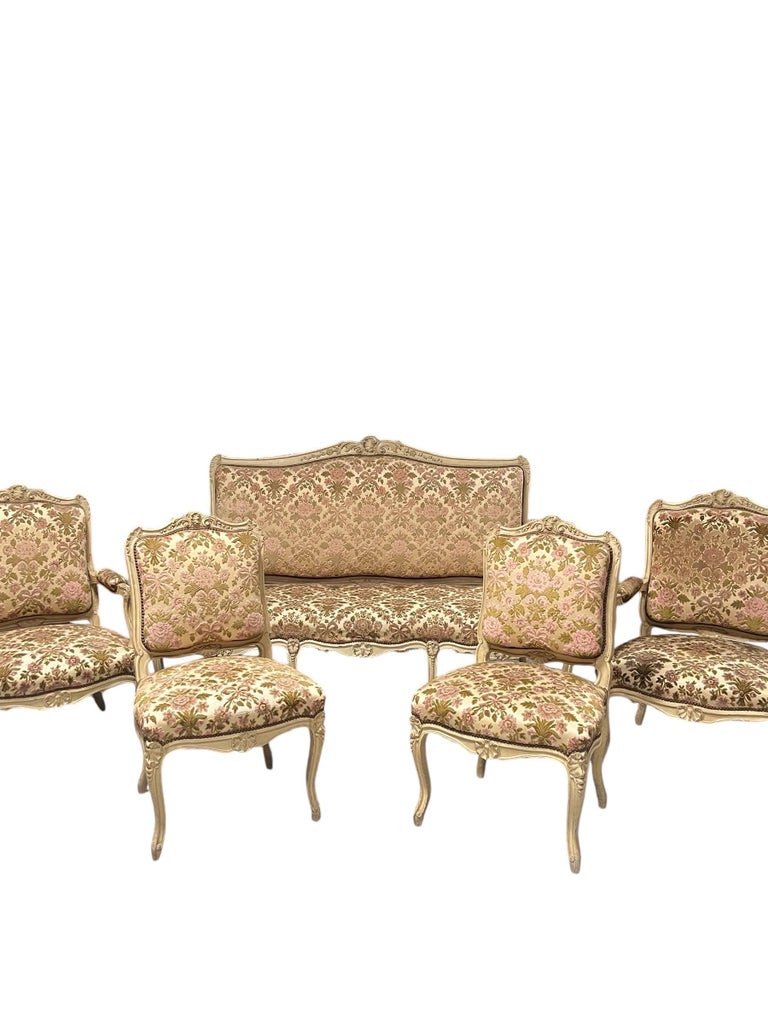 Living Room Set Consisting Of A Sofa, 2 Armchairs And 2 Chairs, Painted Carved Wood - Louis XV Style-photo-4