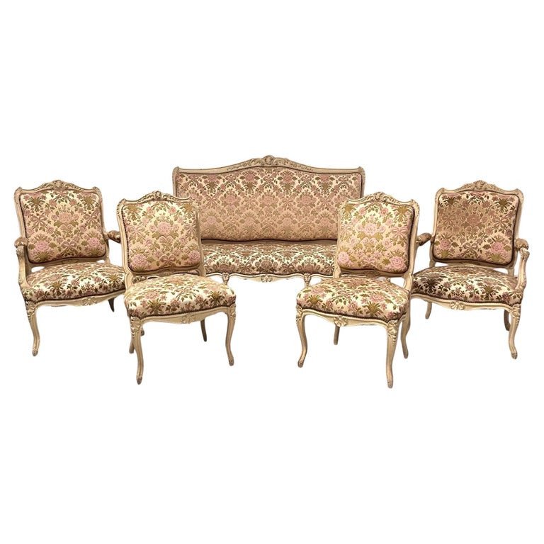 Ensemble De Salon Composé d'Un Canapé 2 Fauteuils 2 Chaises Bois Sculpté Peint - Style Louis XV