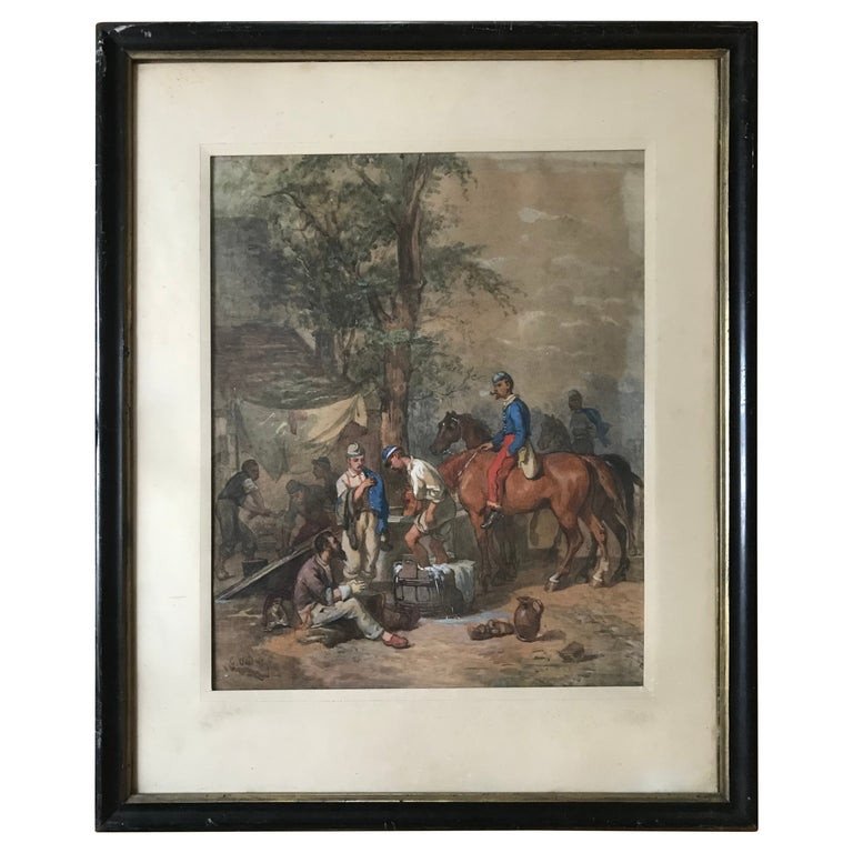 Watercolor By G. Verdey "life Of The French Cavalry, Summer 1914" 20th Century