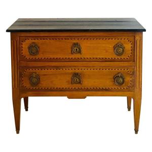 Commode Française - Louis XVI 18ème - Marqueterie Et Dessus Marbre Noir - France