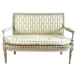 French Directoire Bench Sofa In Blue Gray White Silk 18th Century - France