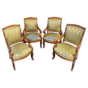 Suite Of 4 Mahogany Armchairs, Restoration Period, 19th Century - France 