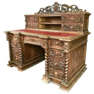 Bureau Néo-renaissance En Bois Sculpté Main Style Henri II Vers 1870