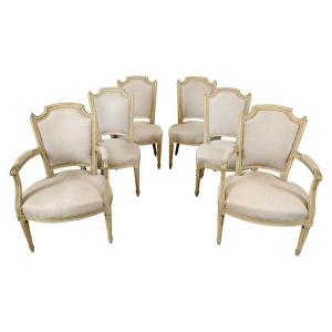 Set Of 4 Chairs And 2 Linen Tapestry Armchairs - Louis XV Style - 19th France