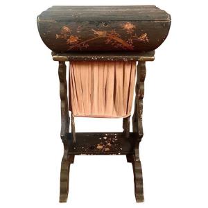 Lacquered Work Table, Side Table, Accordion Sewing Furniture, 19th Century France