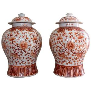 Paire De Grands Vases Couverts Chinois En Porcelaine Blanche Et Rouge - 19ème Siècle - Chine