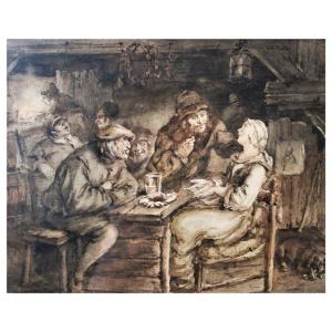 Tavern Scene - Framed - Ink Wash Drawing - Flemish School - 19th Century