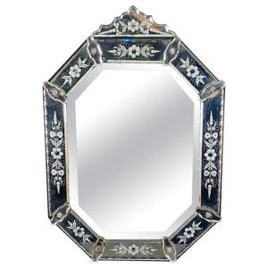 Louis XIV Regency Beaded Mirror, Mirror, Engraved Glass, Italy