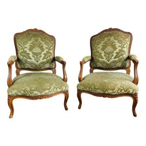 Paire De Fauteuils Cabriolet à La Reine - Style Louis XV - Tapisserie Velours Vert - 19ème