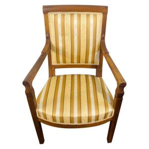 Directoire Armchair In Beech - Gold & White Tapestry - France 19th