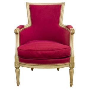 Fauteuil "bergère" De Style Louis XVI Laqué Blanc Et Tapisserie Rose -  19ème Siècle